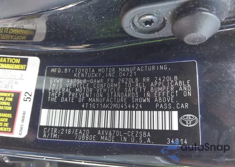 2021 Toyota Camry Se/Se Night Shade z USA, uszkodzony, nr VIN 4T1G11AK2MU454424